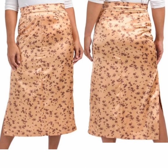 Zara gold / brown floral satin midi skirt with side slit - Picture 4 of 13